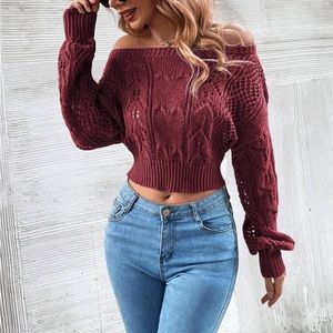 Luxe Sheer Crochet Knit Drop Shoulder Cropped Sweater Top Burgundy
